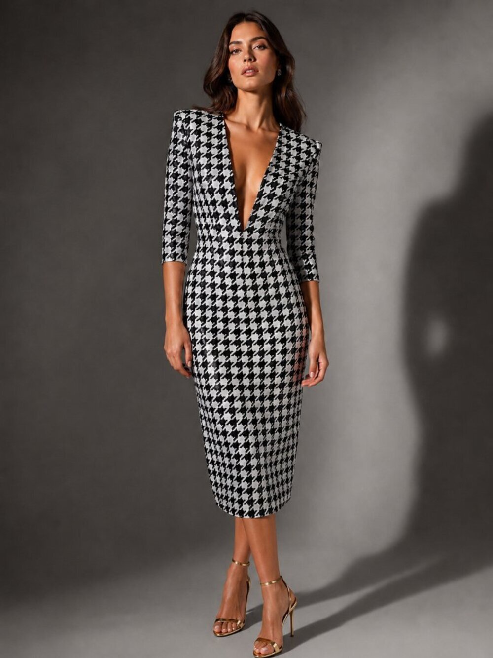 HAMEL Sequin Houndstooth Plunging V Midi Dress